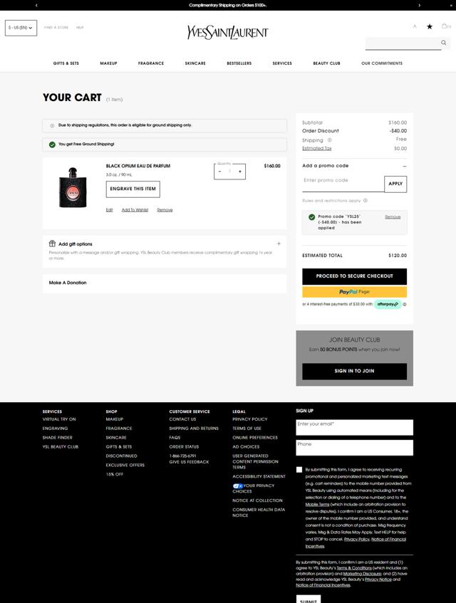 YSL Beauty checkout page showing YSL Beauty promo code box | Screenshot taken by SimplyCodes community member on Dec 12, 2024