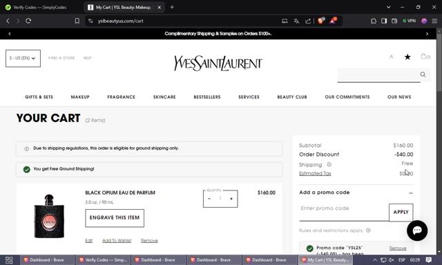 YSL Beauty checkout page showing YSL Beauty promo code box | Screenshot taken by SimplyCodes community member on Nov 1, 2024