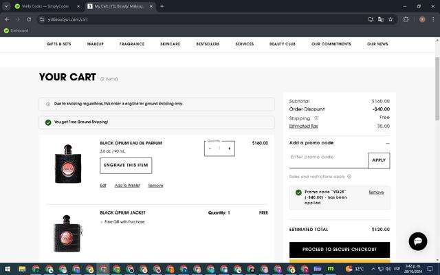 YSL Beauty checkout page showing YSL Beauty promo code box | Screenshot taken by SimplyCodes community member on Oct 28, 2024