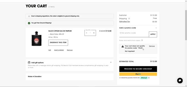 YSL Beauty checkout page showing YSL Beauty promo code box | Screenshot taken by SimplyCodes community member on Nov 29, 2024
