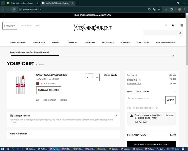 YSL Beauty checkout page showing YSL Beauty promo code box | Screenshot taken by SimplyCodes community member on Dec 4, 2024