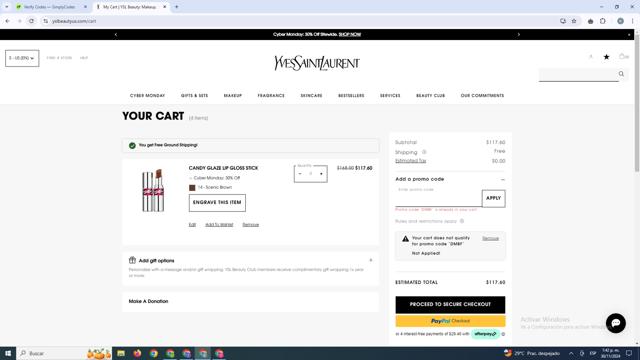 YSL Beauty checkout page showing YSL Beauty promo code box | Screenshot taken by SimplyCodes community member on Nov 30, 2024