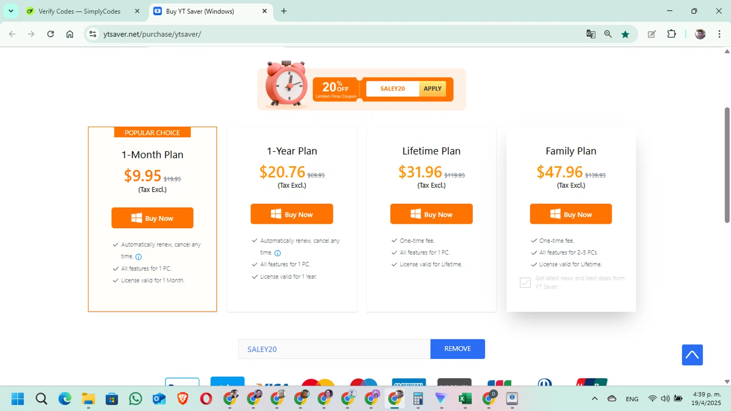 YT Saver coupon code screenshot showing code SALEY20 applied at YT Saver checkout page. Uploaded by SimplyCodes community member DavGutFig on Apr 19, 2025