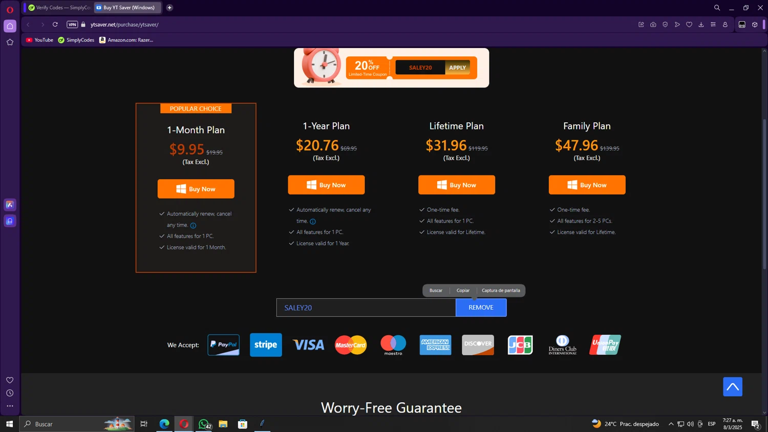 YT Saver checkout page showing YT Saver coupon code box | Screenshot taken by SimplyCodes community member on Mar 8, 2025