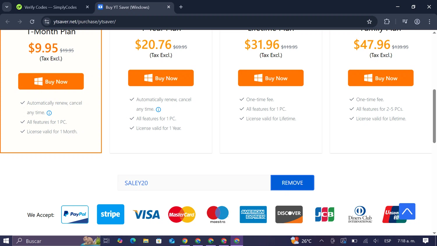 YT Saver checkout page showing YT Saver coupon code box | Screenshot taken by SimplyCodes community member on Apr 7, 2025