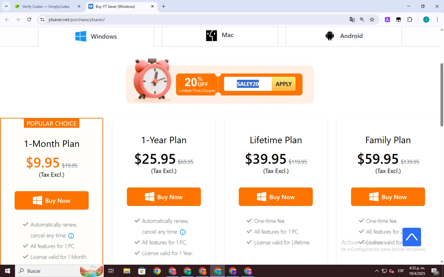 YT Saver checkout page showing YT Saver coupon code box | Screenshot taken by SimplyCodes community member on Apr 19, 2025