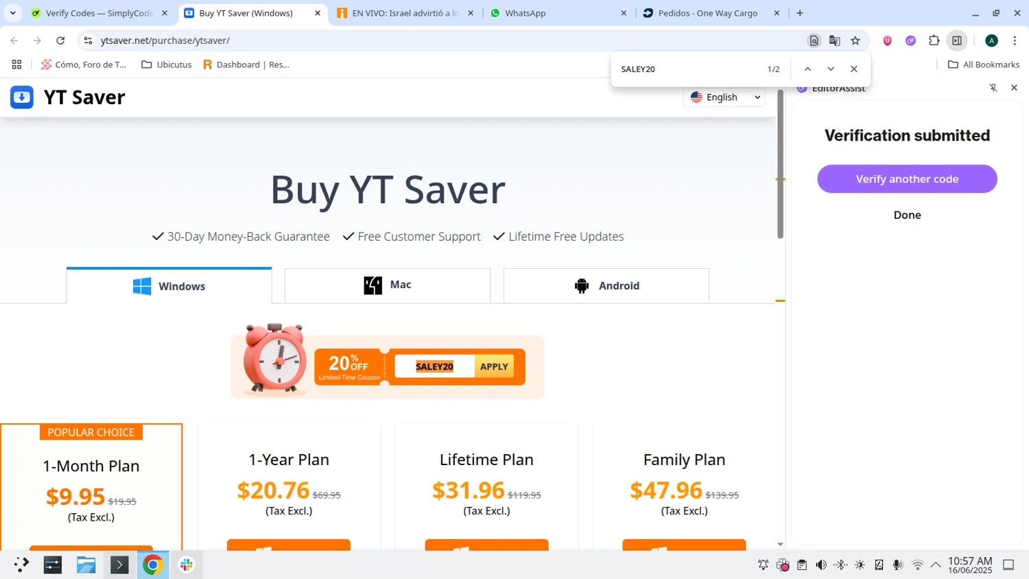 YT Saver coupon code screenshot showing code SALEY20 applied at YT Saver checkout page. Uploaded by SimplyCodes community member admeneses on Jun 16, 2025
