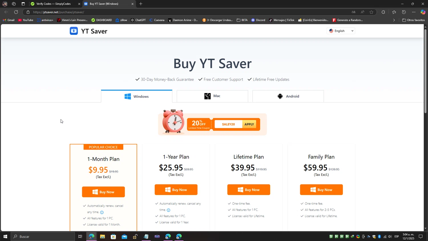 YT Saver checkout page showing YT Saver coupon code box | Screenshot taken by SimplyCodes community member on Jan 12, 2025