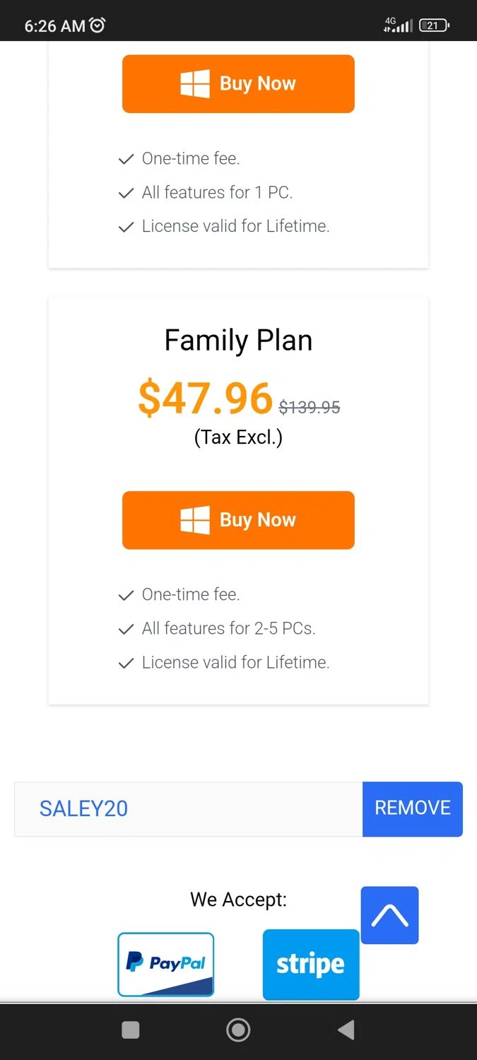 YT Saver coupon code screenshot showing code SALEY20 applied at YT Saver checkout page. Uploaded by SimplyCodes community member BargainPioneer8286 on May 18, 2025