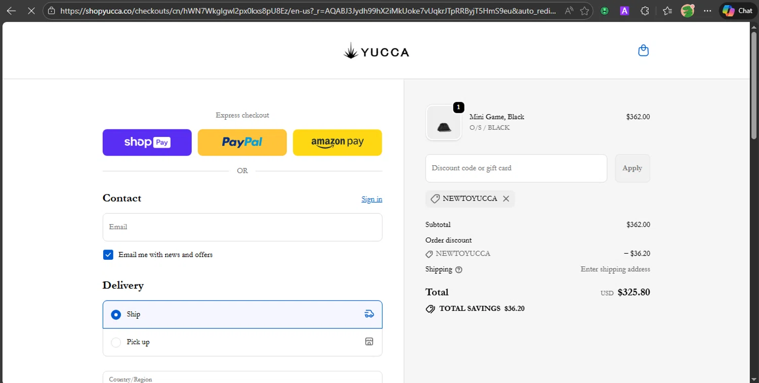 Yucca promo code screenshot showing code NEWTOYUCCA applied at Yucca checkout page. Uploaded by SimplyCodes community member PrincessCoupon on Jan 12, 2026