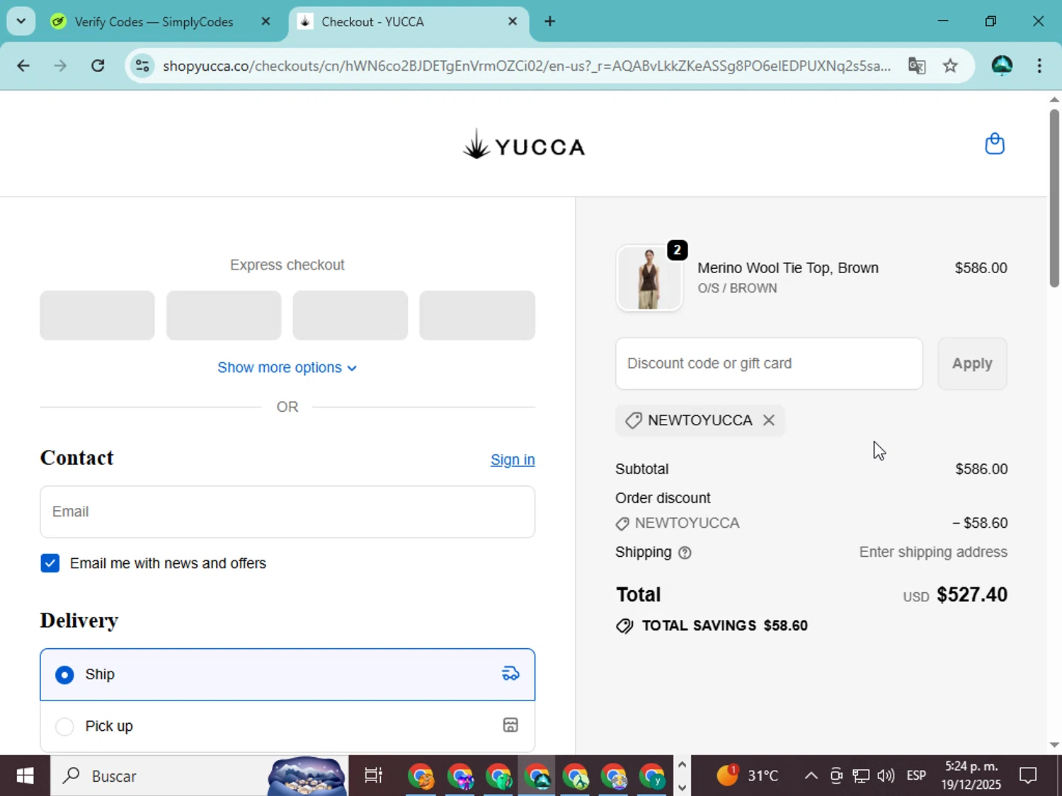 Yucca promo code screenshot showing code NEWTOYUCCA applied at Yucca checkout page. Uploaded by SimplyCodes community member ingri85 on Dec 19, 2025