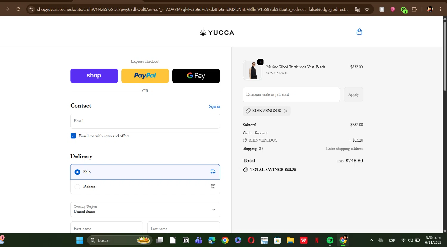 Yucca promo code screenshot showing code BIENVENIDOS applied at Yucca checkout page. Uploaded by SimplyCodes community member ERI0810 on Nov 6, 2025