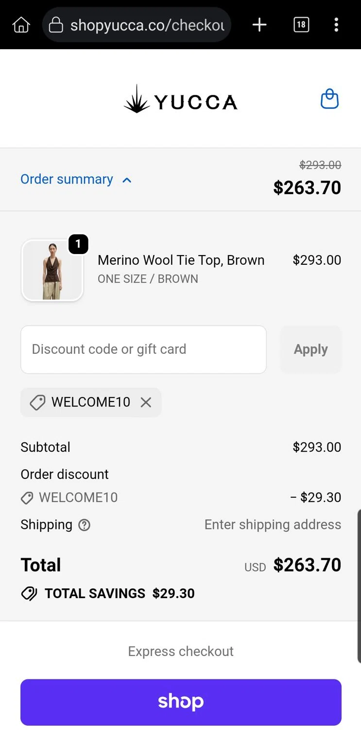 Yucca promo code screenshot showing code WELCOME10 applied at Yucca checkout page. Uploaded by SimplyCodes community member Carloslvz on Feb 10, 2026