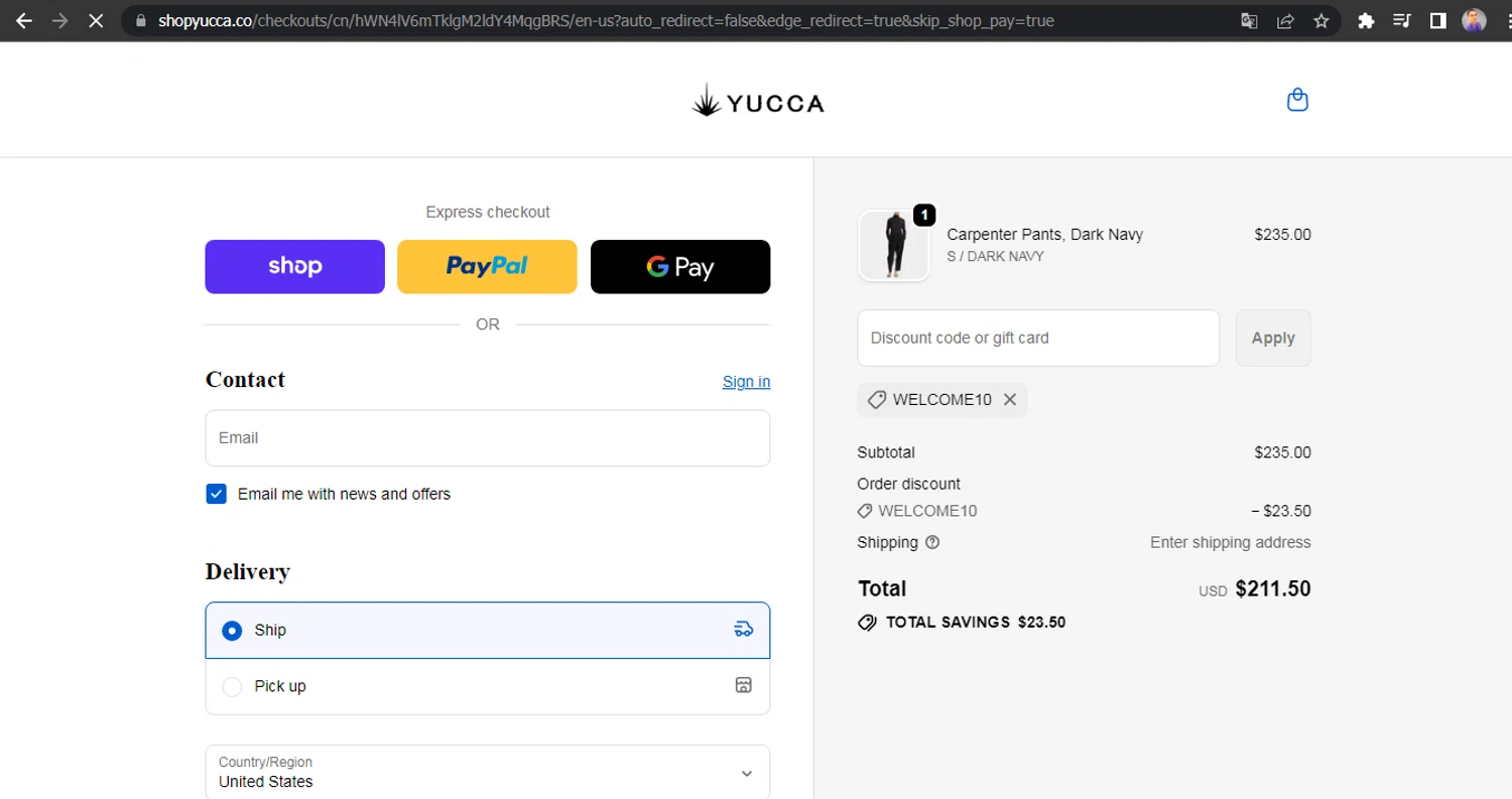 Yucca promo code screenshot showing code WELCOME10 applied at Yucca checkout page. Uploaded by SimplyCodes community member HUNTER1406 on Oct 31, 2025