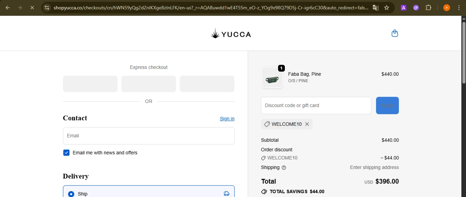 Yucca promo code screenshot showing code WELCOME10 applied at Yucca checkout page. Uploaded by SimplyCodes community member NobleElite1598 on Nov 11, 2025