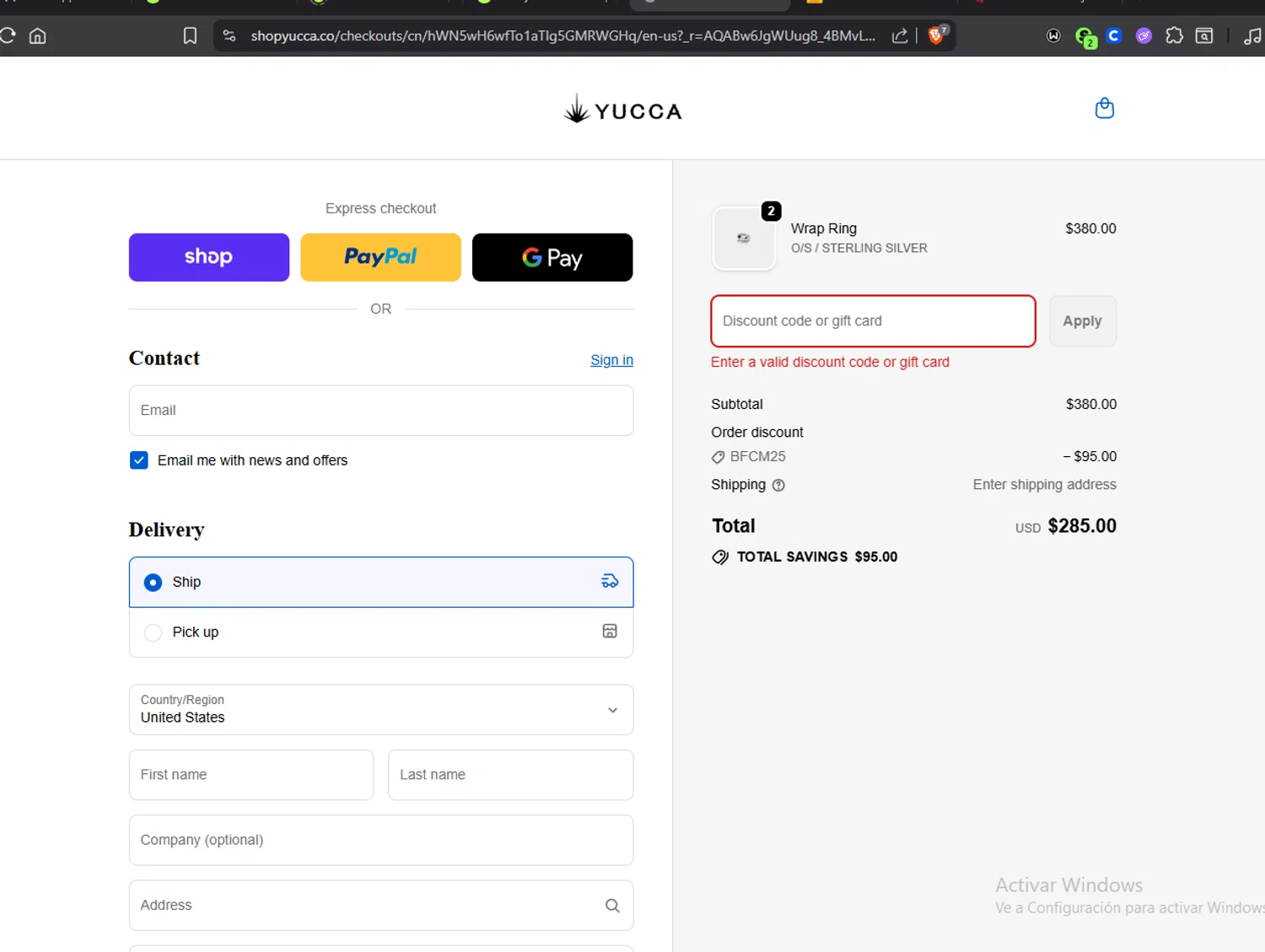 Yucca promo code screenshot showing code Black44 applied at Yucca checkout page. Uploaded by SimplyCodes community member Jmhernand1 on Dec 1, 2025