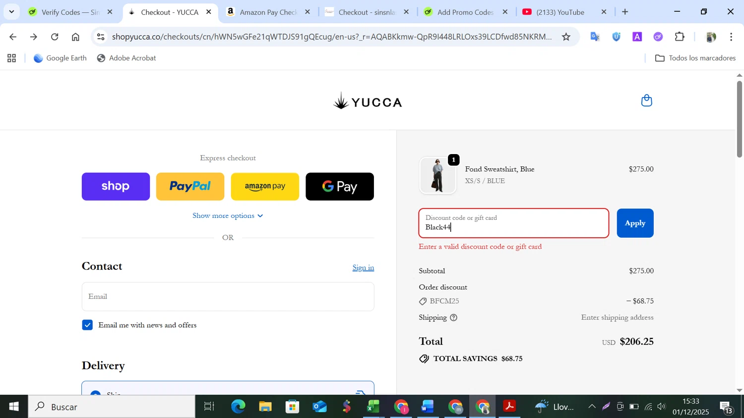 Yucca promo code screenshot showing code Black44 applied at Yucca checkout page. Uploaded by SimplyCodes community member NobleMonarch5837 on Dec 1, 2025