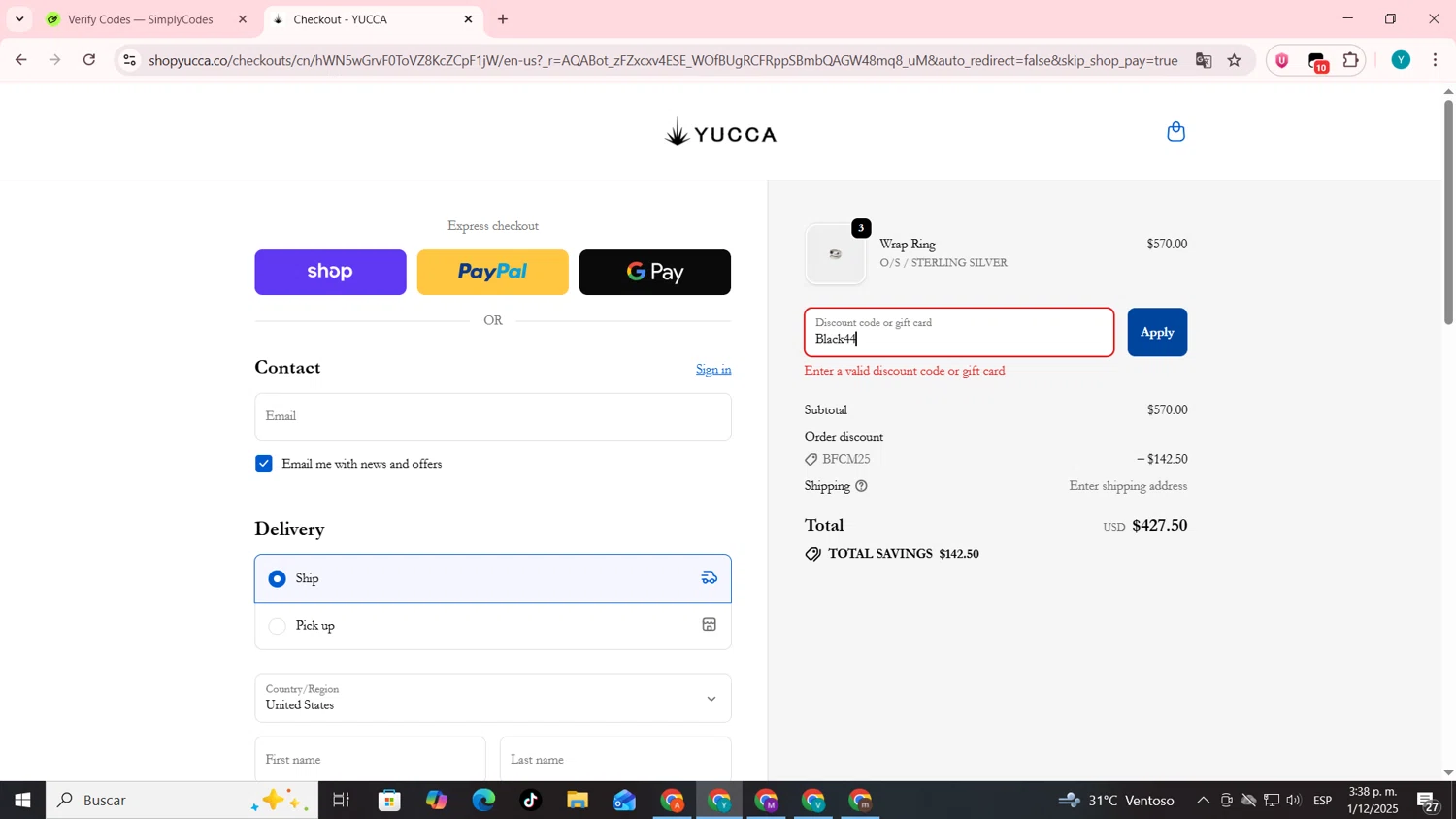 Yucca promo code screenshot showing code Black44 applied at Yucca checkout page. Uploaded by SimplyCodes community member codygakpo on Dec 1, 2025