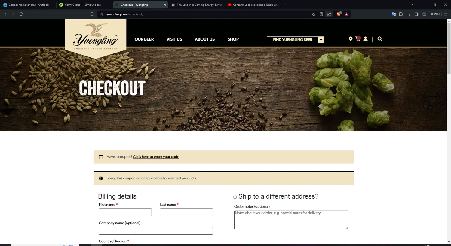 where to use Yuengling promo code box