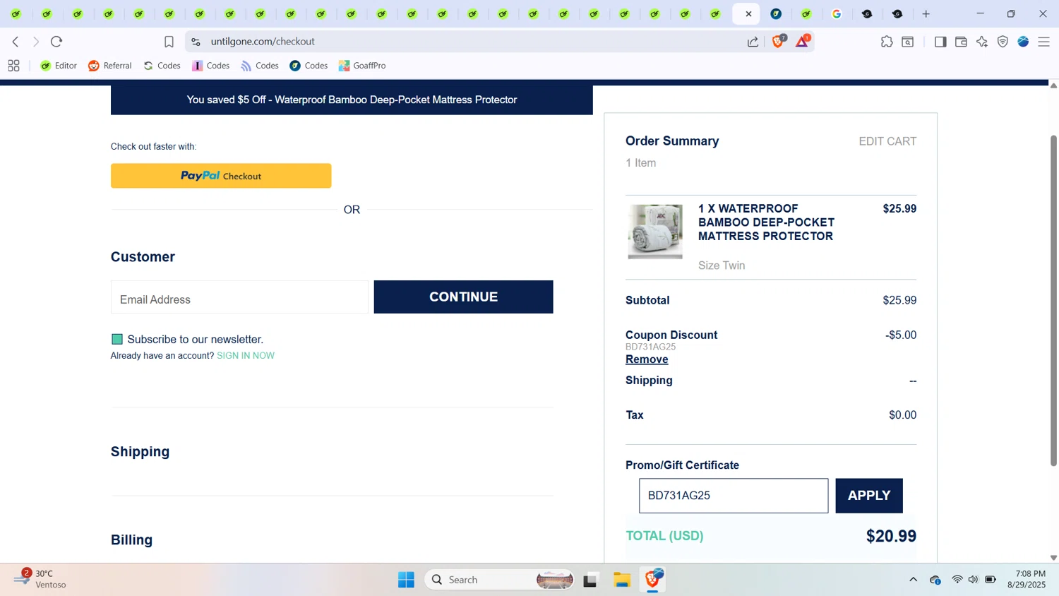 Until Gone promo code screenshot showing code BD731AG25 applied at Until Gone checkout page. Uploaded by SimplyCodes community member BabaYaga on Aug 29, 2025