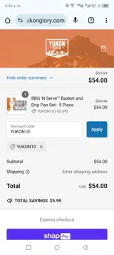 YUKON10 coupon verification screenshot