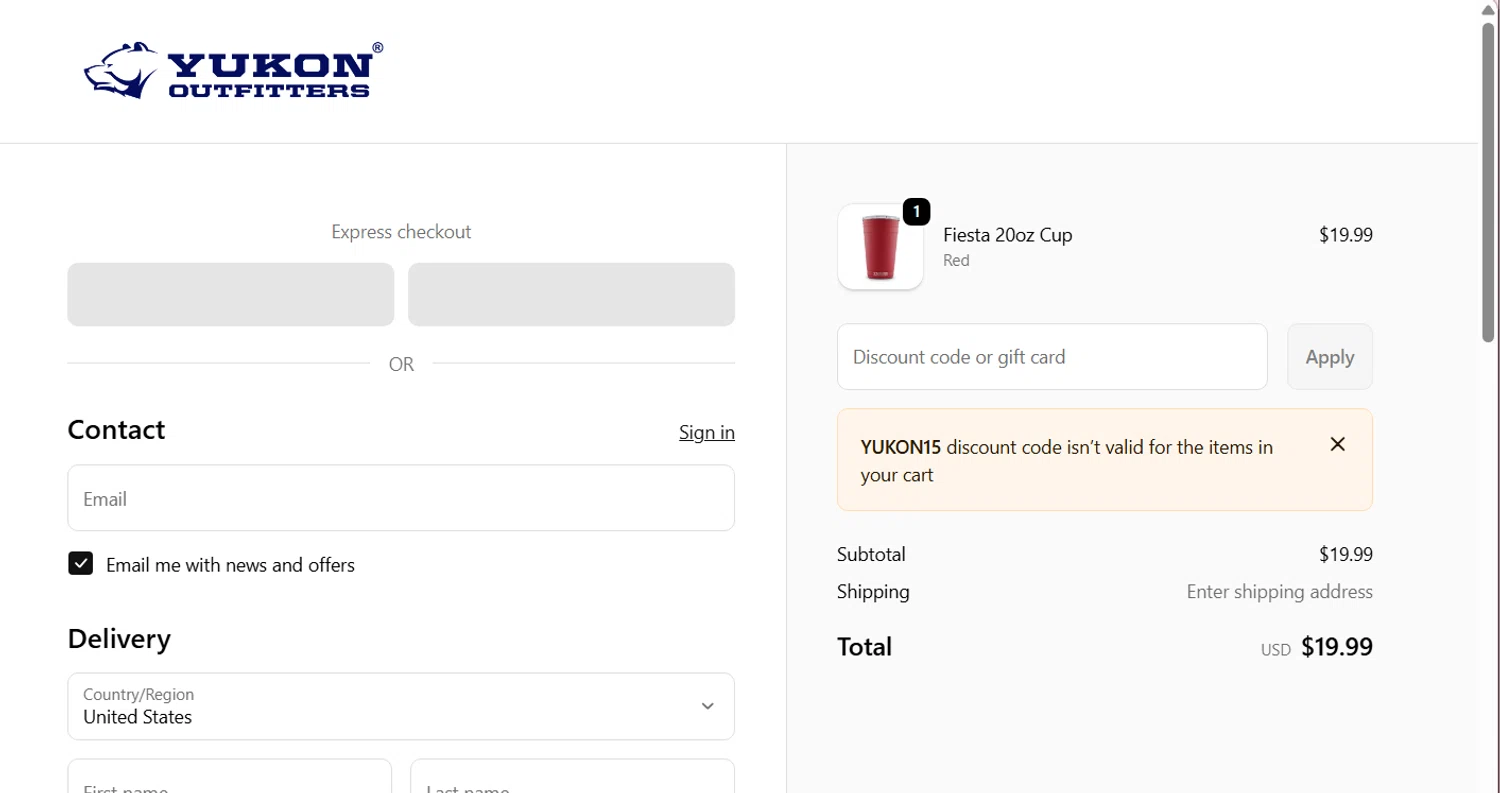 Yukon Outfitters promo code screenshot showing code YUKON15 applied at Yukon Outfitters checkout page. Uploaded by SimplyCodes community member perrasimplera on Dec 29, 2025