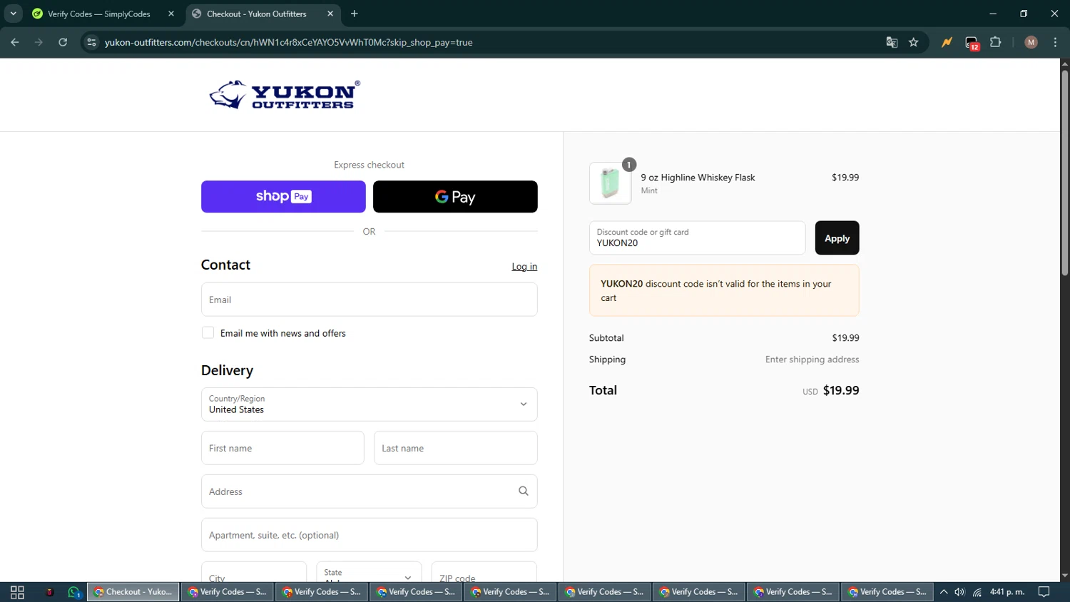 Yukon Outfitters promo code screenshot showing code YUKON20 applied at Yukon Outfitters checkout page. Uploaded by SimplyCodes community member DiscountTitan4635 on Aug 9, 2025