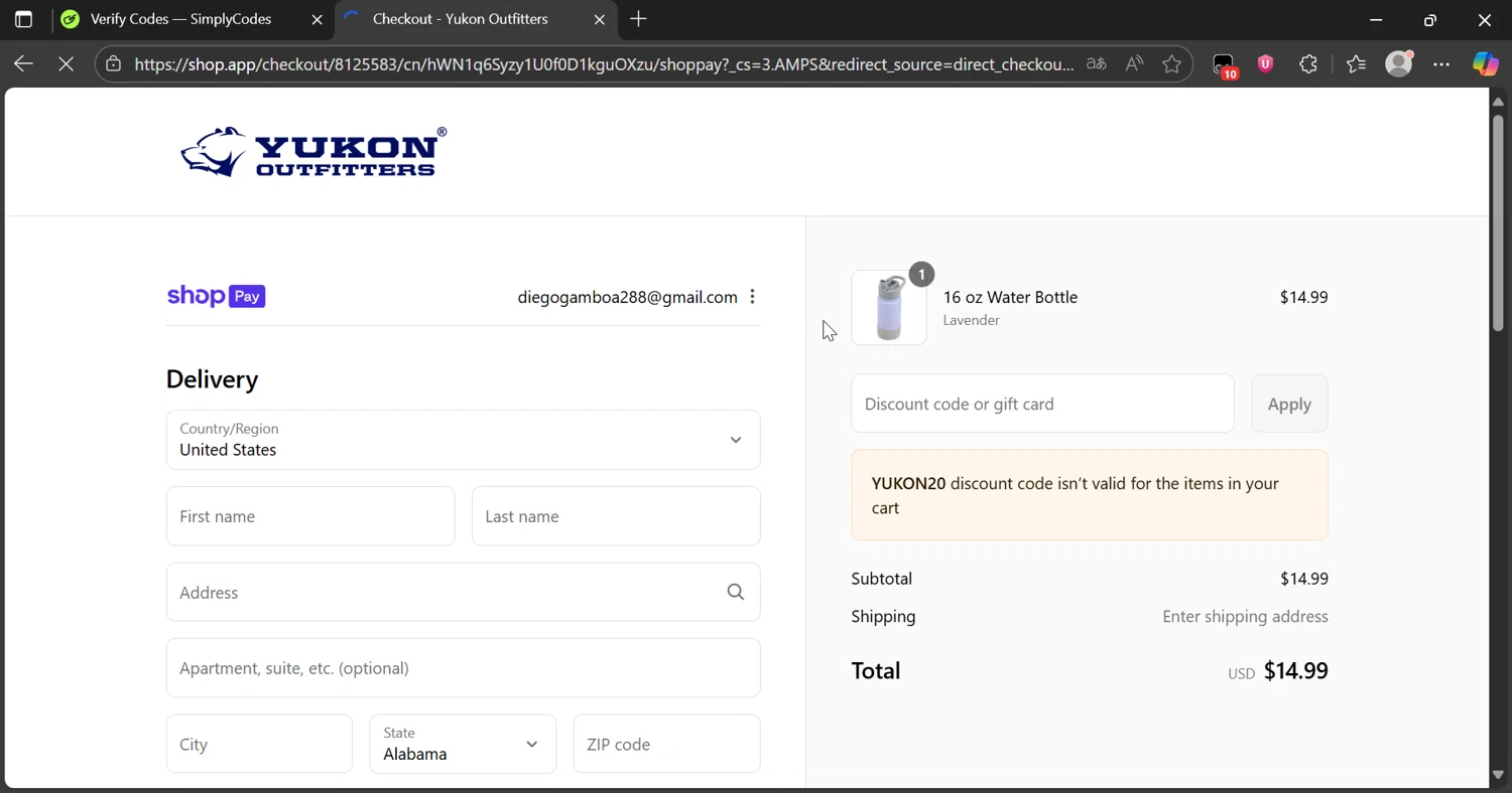 Yukon Outfitters promo code screenshot showing code YUKON20 applied at Yukon Outfitters checkout page. Uploaded by SimplyCodes community member Lamine_Yamal on Aug 15, 2025