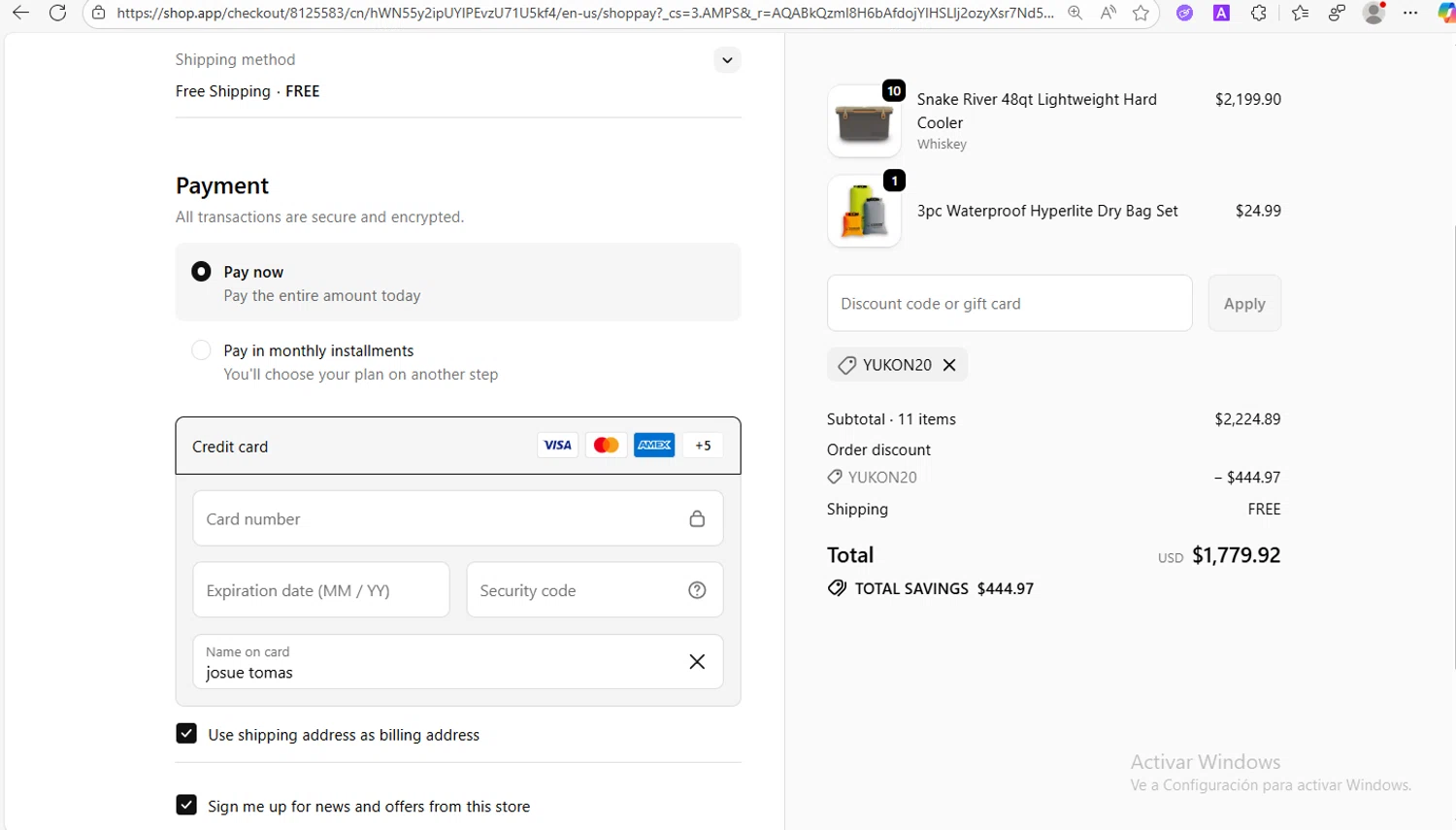 Yukon Outfitters promo code screenshot showing code YUKON20 applied at Yukon Outfitters checkout page. Uploaded by SimplyCodes community member VoucherWhiz9254 on Nov 9, 2025
