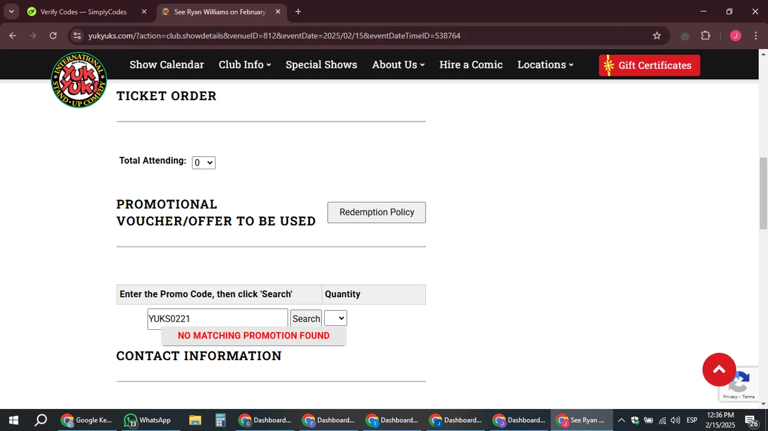 Yuk Yuk's promo code screenshot showing code YUKS0221 applied at Yuk Yuk's checkout page. Uploaded by SimplyCodes community member JackWilson63 on Feb 15, 2025