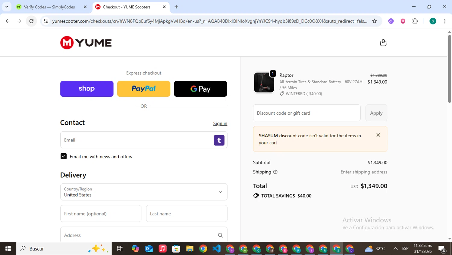 Yume promo code screenshot showing code shayum applied at Yume checkout page. Uploaded by SimplyCodes community member VictoriousPilot5281 on Jan 31, 2026
