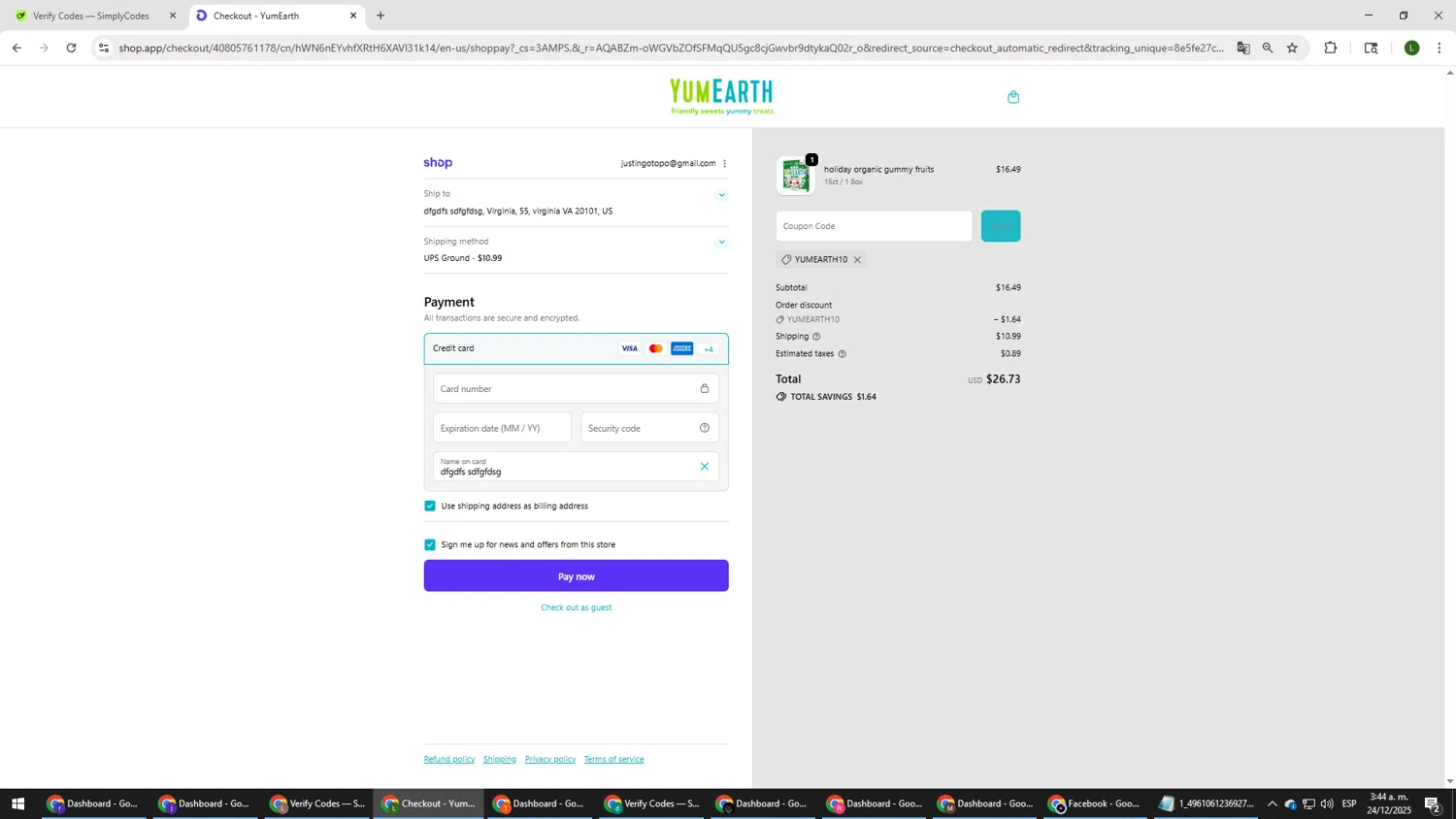 YumEarth coupon code screenshot showing code YUMEARTH10 applied at YumEarth checkout page. Uploaded by SimplyCodes community member DUCATI on Dec 24, 2025