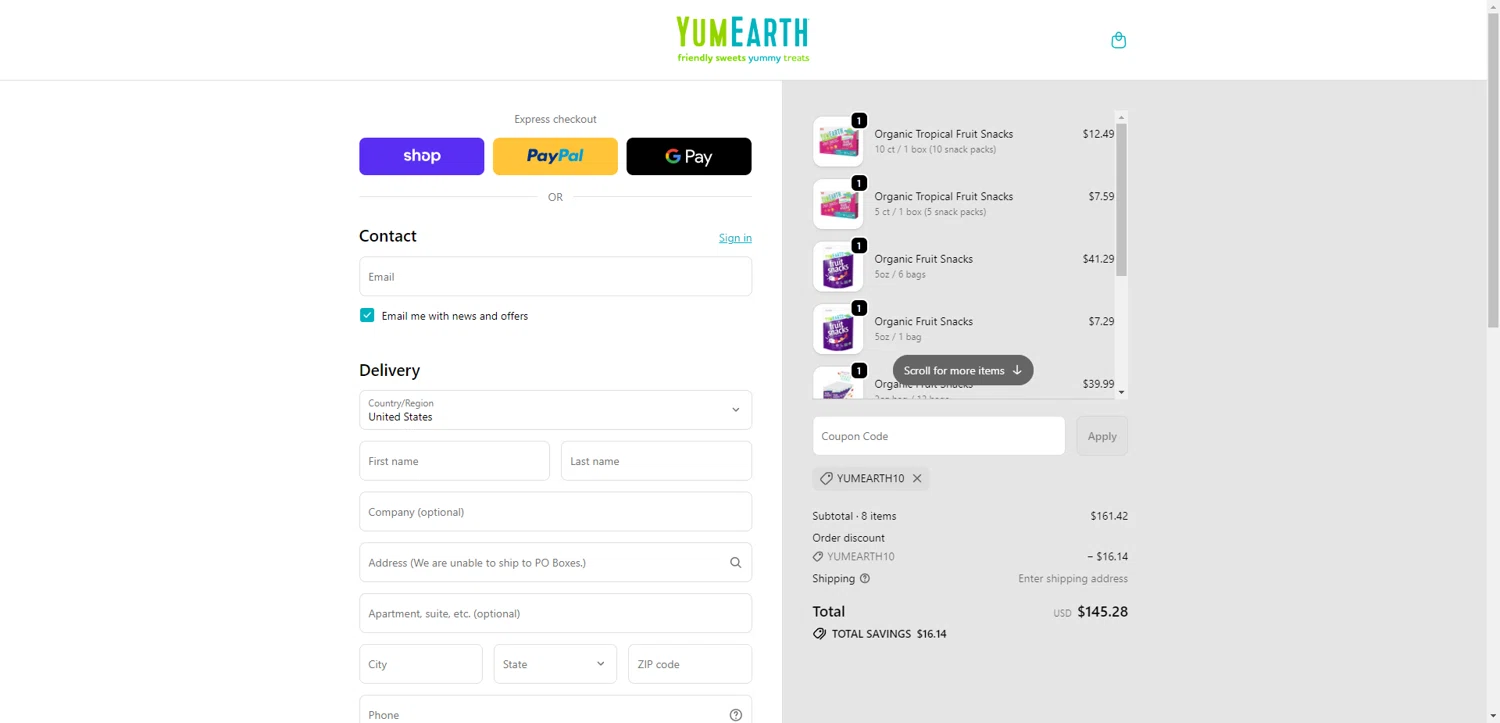 YumEarth coupon code screenshot showing code YUMEARTH10 applied at YumEarth checkout page. Uploaded by SimplyCodes community member NobleMaestro6498 on Dec 6, 2025