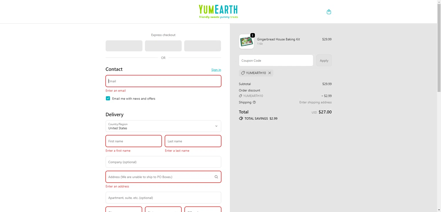 YumEarth coupon code screenshot showing code YUMEARTH10 applied at YumEarth checkout page. Uploaded by SimplyCodes community member SilverChaser3269 on Oct 28, 2025