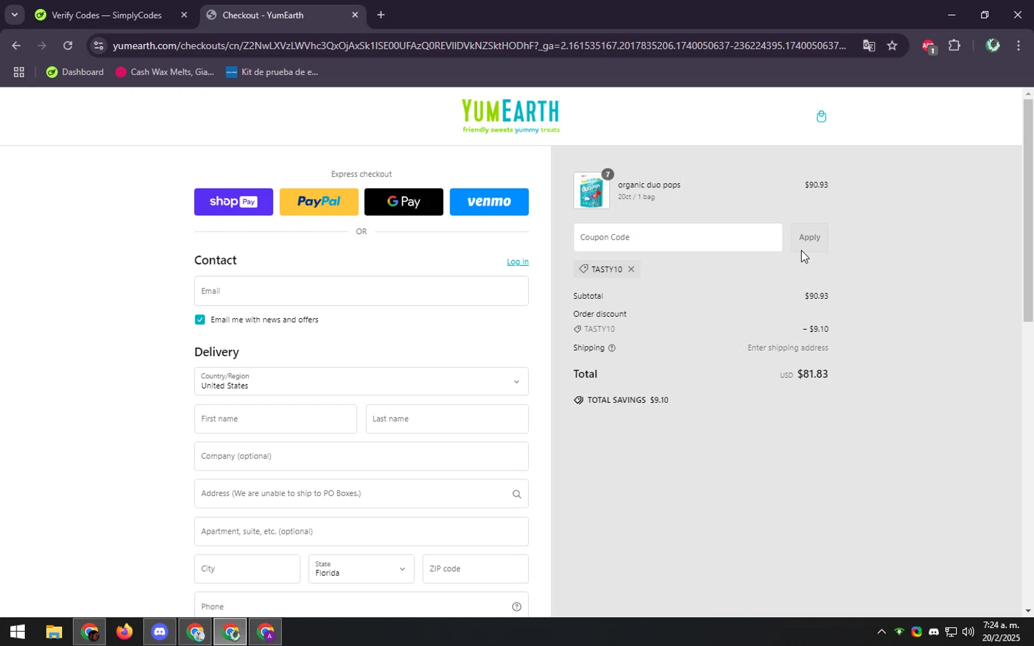 YumEarth coupon code screenshot showing code TASTY10 applied at YumEarth checkout page. Uploaded by SimplyCodes community member ScanGenius949 on Feb 20, 2025