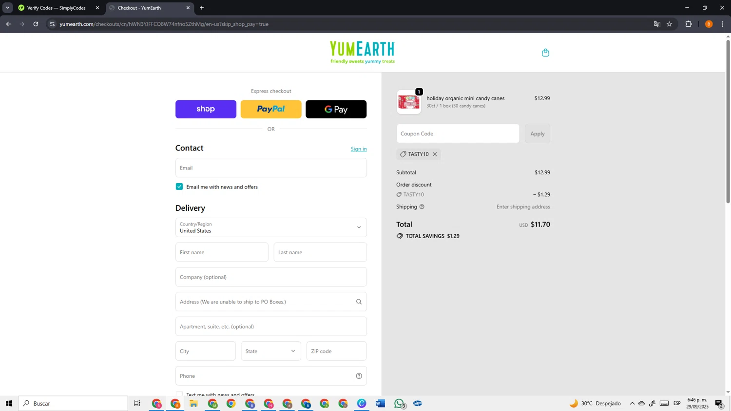 YumEarth coupon code screenshot showing code TASTY10 applied at YumEarth checkout page. Uploaded by SimplyCodes community member VoucherSage2253 on Sep 29, 2025