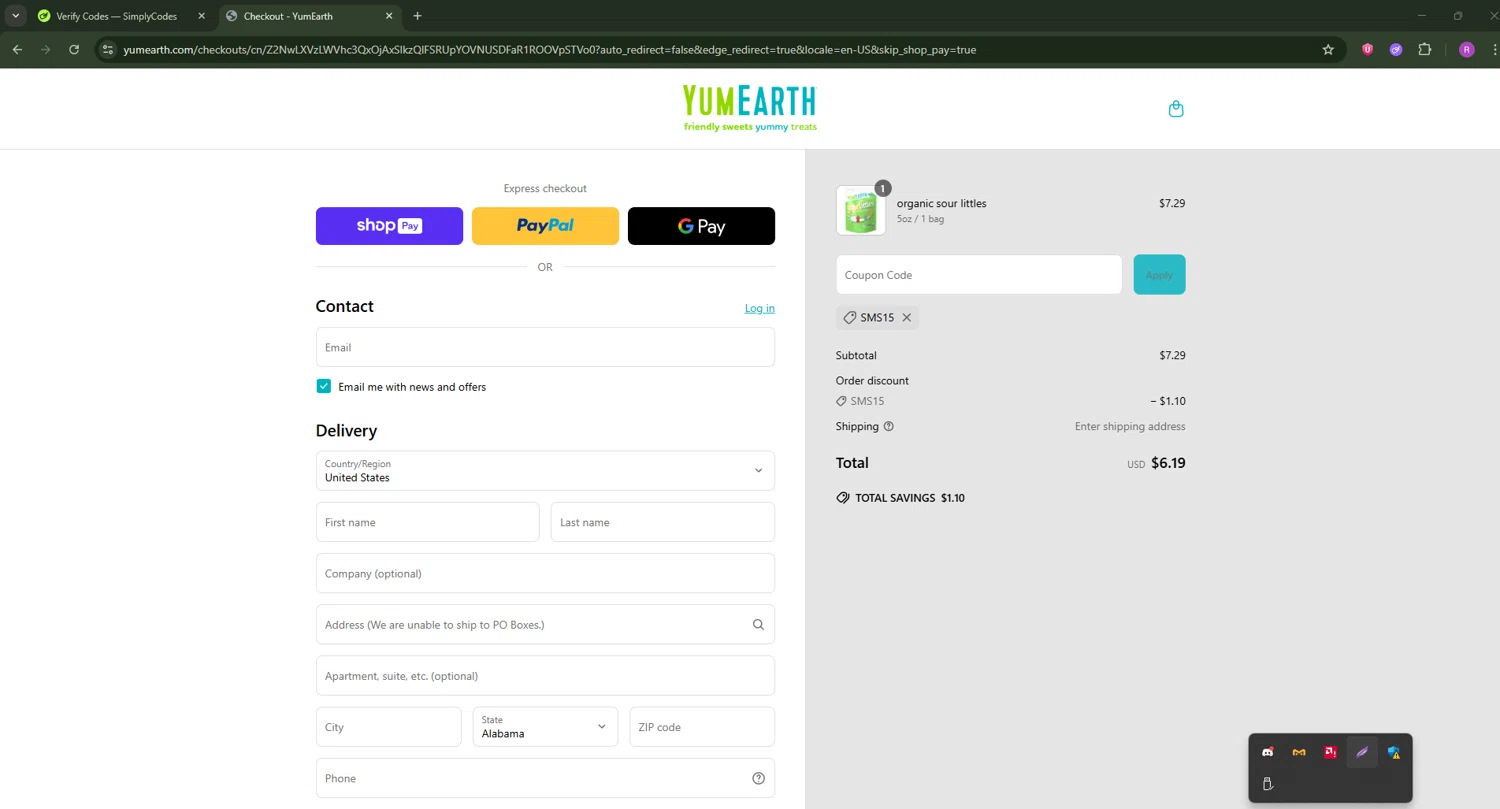 YumEarth coupon code screenshot showing code SMS15 applied at YumEarth checkout page. Uploaded by SimplyCodes community member RoyalSentinel4577 on Jun 19, 2025