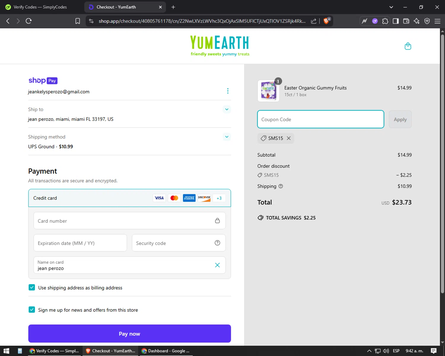 YumEarth coupon code screenshot showing code SMS15 applied at YumEarth checkout page. Uploaded by SimplyCodes community member oscarbeaujon on Apr 20, 2025