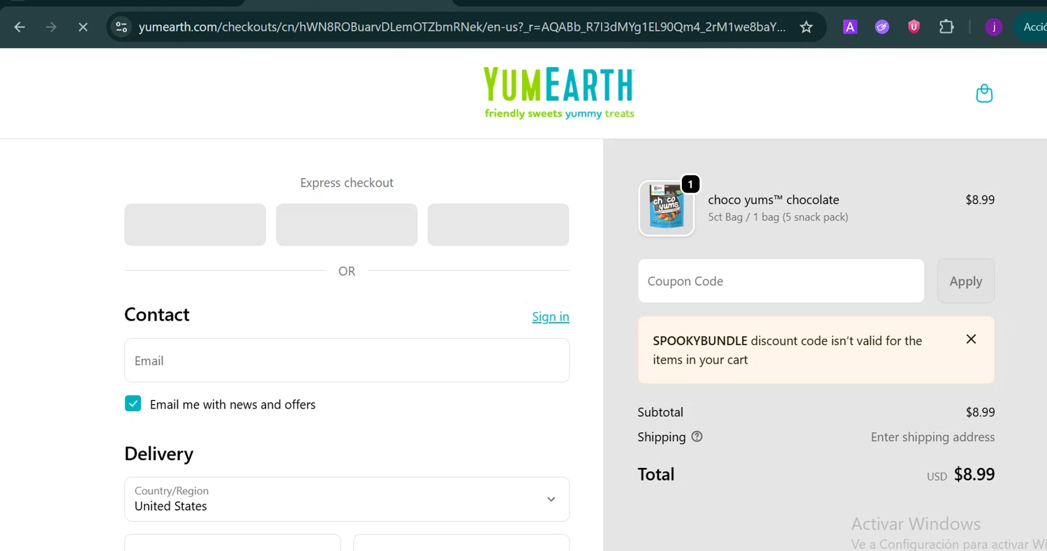 YumEarth checkout page showing YumEarth coupon code box | Screenshot taken by SimplyCodes community member on Feb 5, 2026