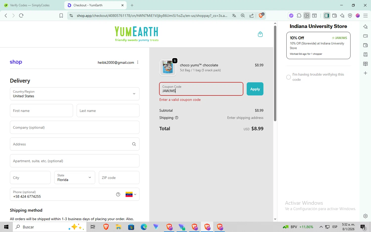 YumEarth coupon code screenshot showing code SMS10 applied at YumEarth checkout page. Uploaded by SimplyCodes community member aaaaaaaaaaaaaaa on Jan 8, 2026