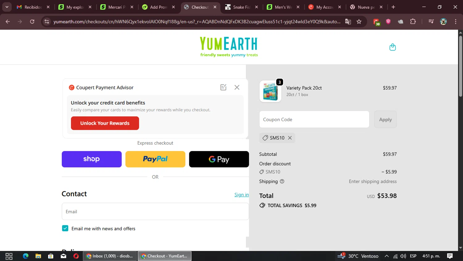 YumEarth coupon code screenshot showing code SMS10 applied at YumEarth checkout page. Uploaded by SimplyCodes community member ninasophia on Dec 14, 2025
