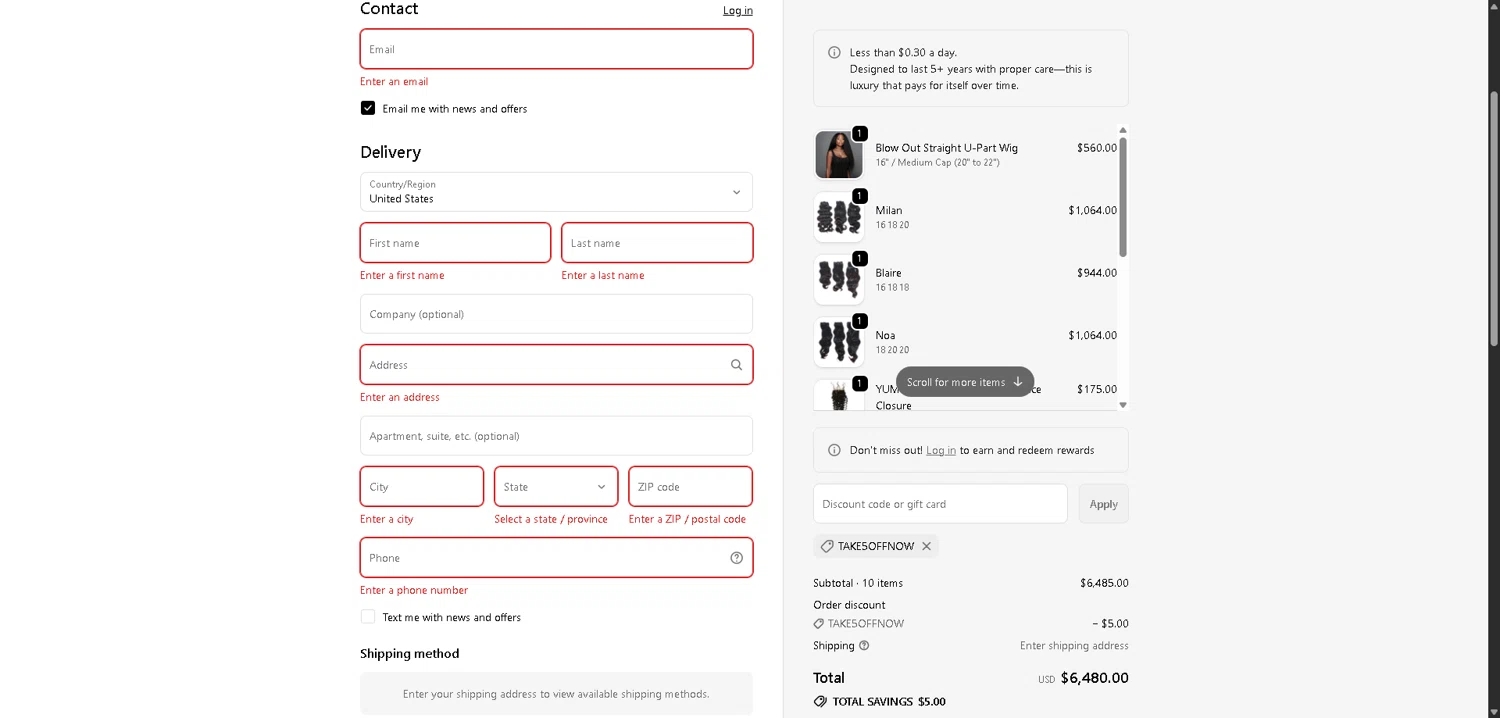Yummy Hair Extensions checkout page showing Yummy Hair Extensions discount code box | Screenshot taken by SimplyCodes community member on Feb 10, 2026