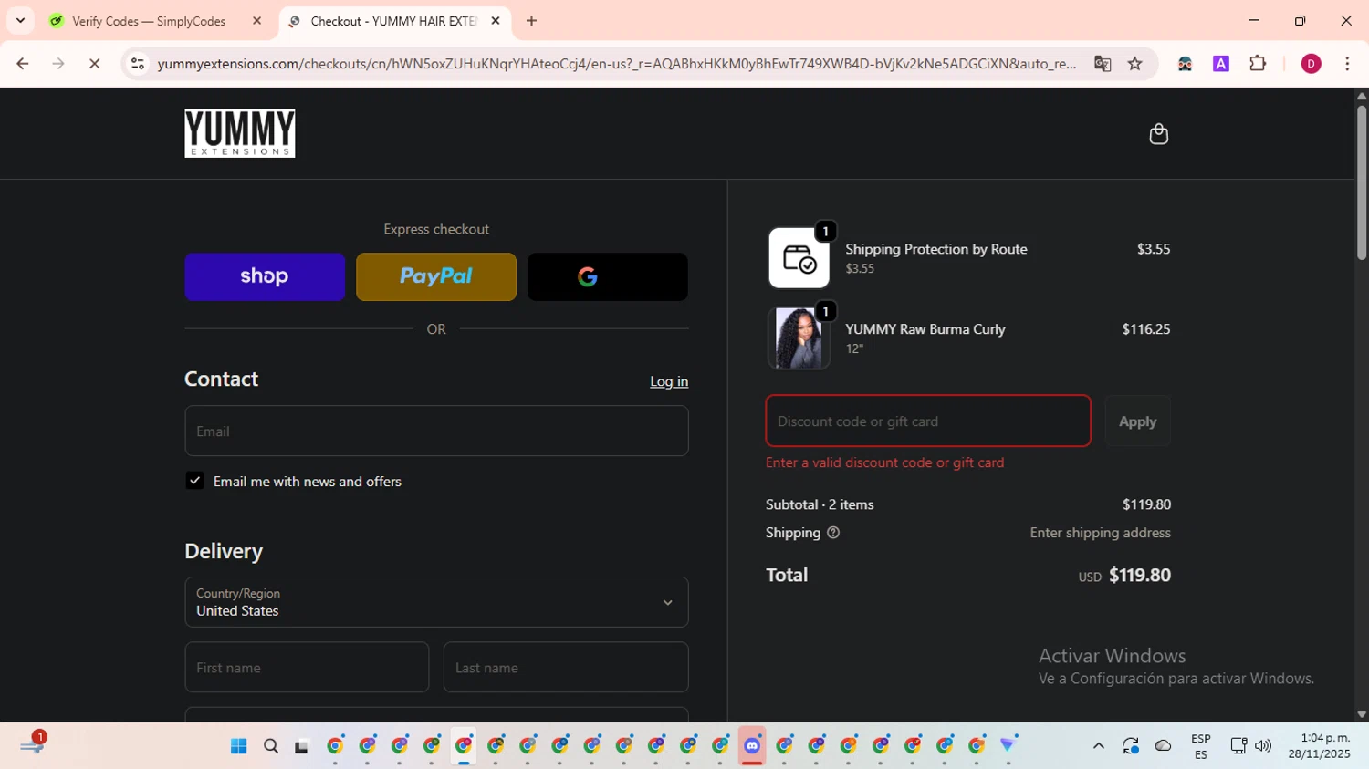 Yummy Hair Extensions discount code screenshot showing code BFCM12 applied at Yummy Hair Extensions checkout page. Uploaded by SimplyCodes community member EpicSaver9948 on Nov 28, 2025