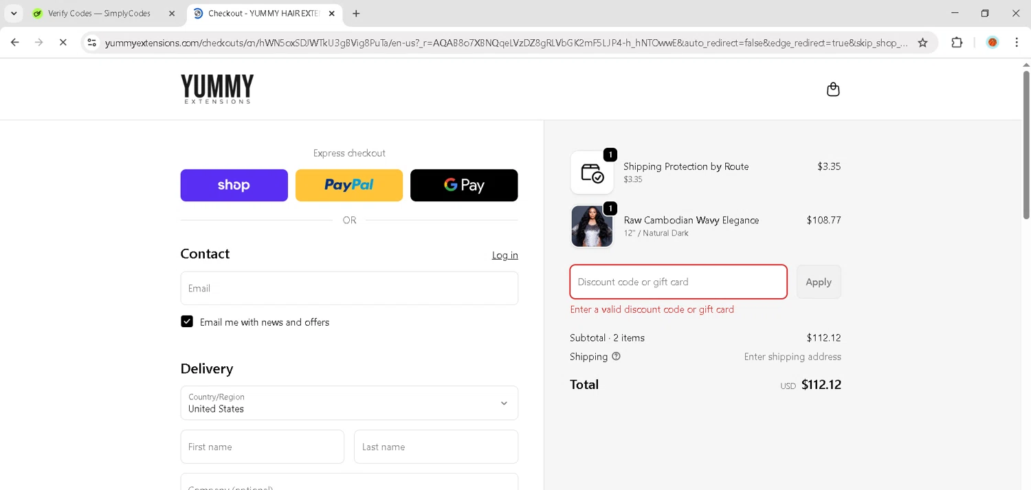 Yummy Hair Extensions discount code screenshot showing code BFCM12 applied at Yummy Hair Extensions checkout page. Uploaded by SimplyCodes community member JosephStevens774 on Nov 28, 2025