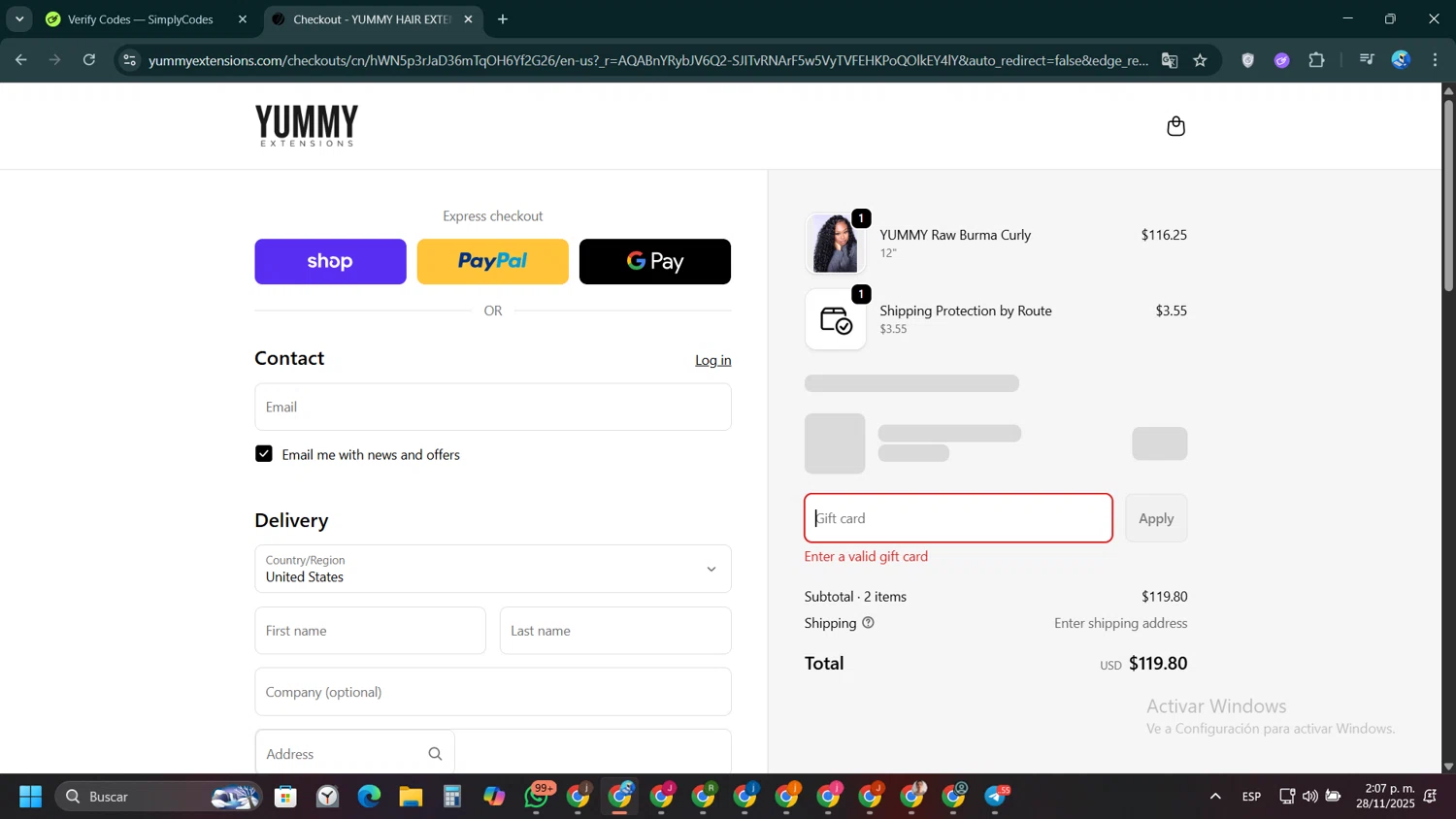 Yummy Hair Extensions discount code screenshot showing code BFCM12 applied at Yummy Hair Extensions checkout page. Uploaded by SimplyCodes community member VictoriousPioneer4638 on Nov 28, 2025