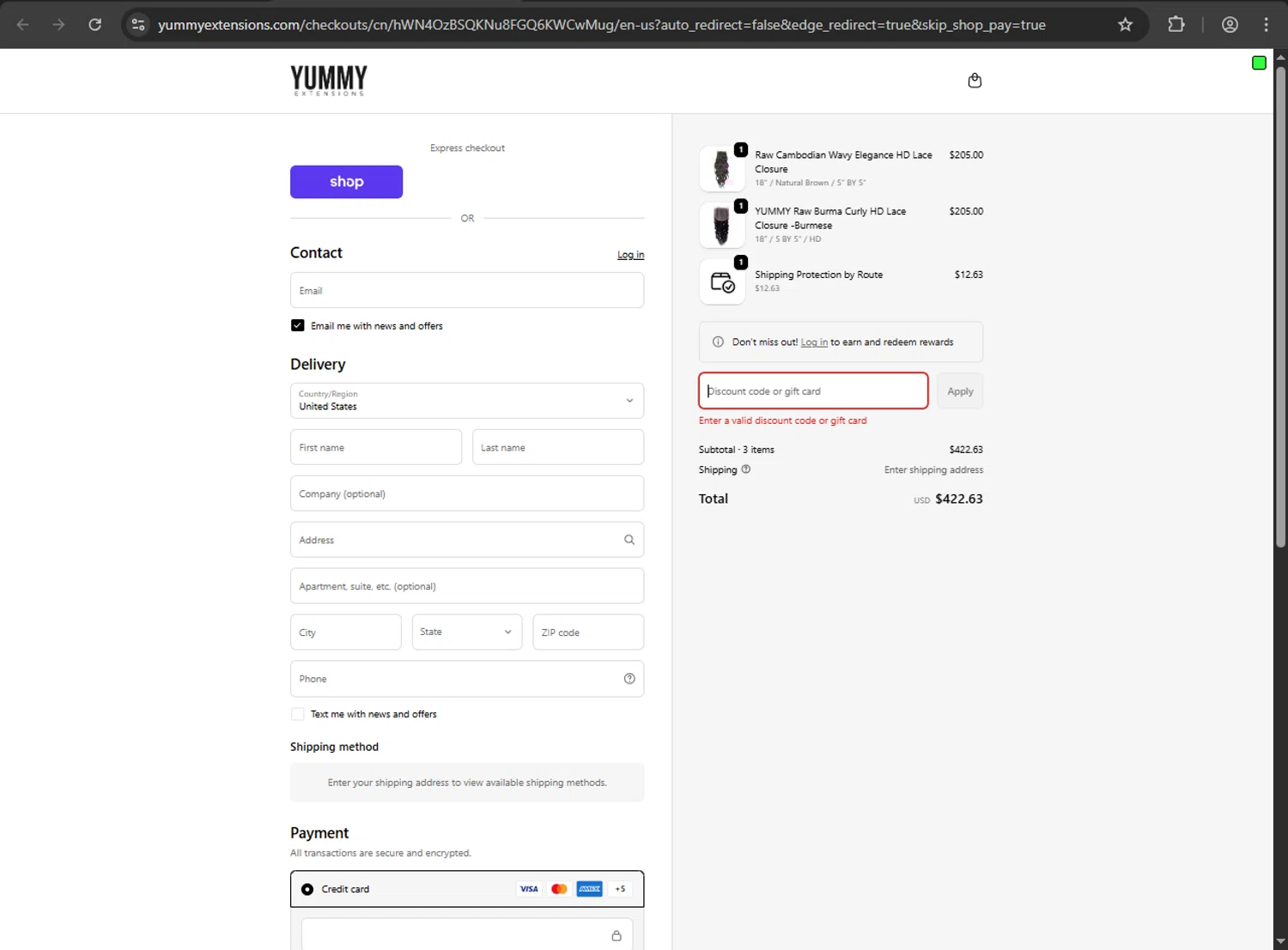 Yummy Hair Extensions discount code screenshot showing code TAPEINS25 applied at Yummy Hair Extensions checkout page. Uploaded by SimplyCodes community member luffyreturn on Oct 22, 2025