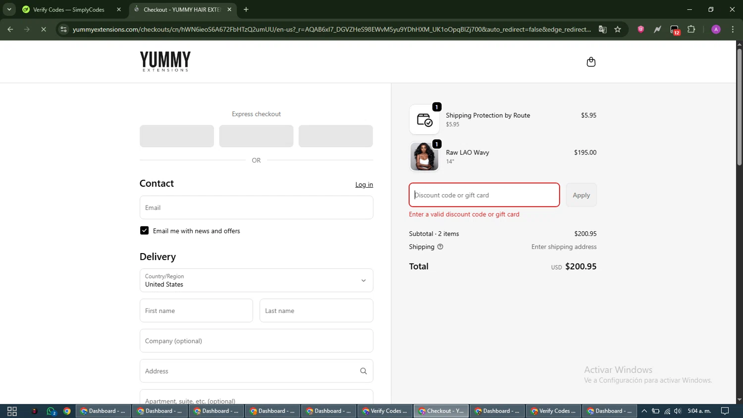 Yummy Hair Extensions discount code screenshot showing code 65%OFFSTYLINGTOOLS applied at Yummy Hair Extensions checkout page. Uploaded by SimplyCodes community member CouponScout5403 on Dec 22, 2025