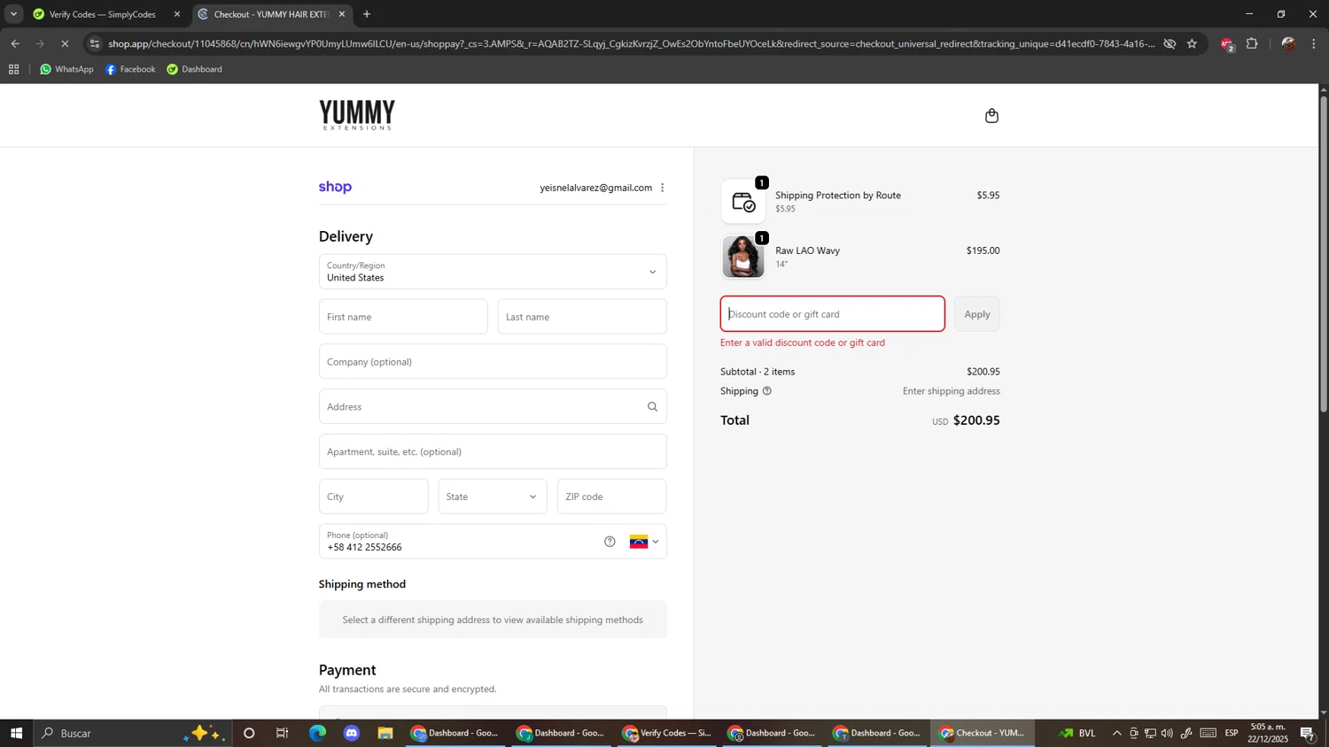 Yummy Hair Extensions discount code screenshot showing code 65%OFFSTYLINGTOOLS applied at Yummy Hair Extensions checkout page. Uploaded by SimplyCodes community member ScanShopper554 on Dec 22, 2025