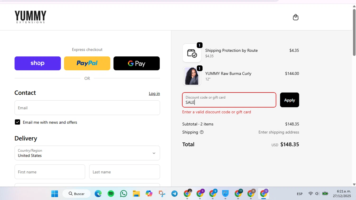 Yummy Hair Extensions discount code screenshot showing code SALE applied at Yummy Hair Extensions checkout page. Uploaded by SimplyCodes community member GoldLynx7797 on Dec 27, 2025