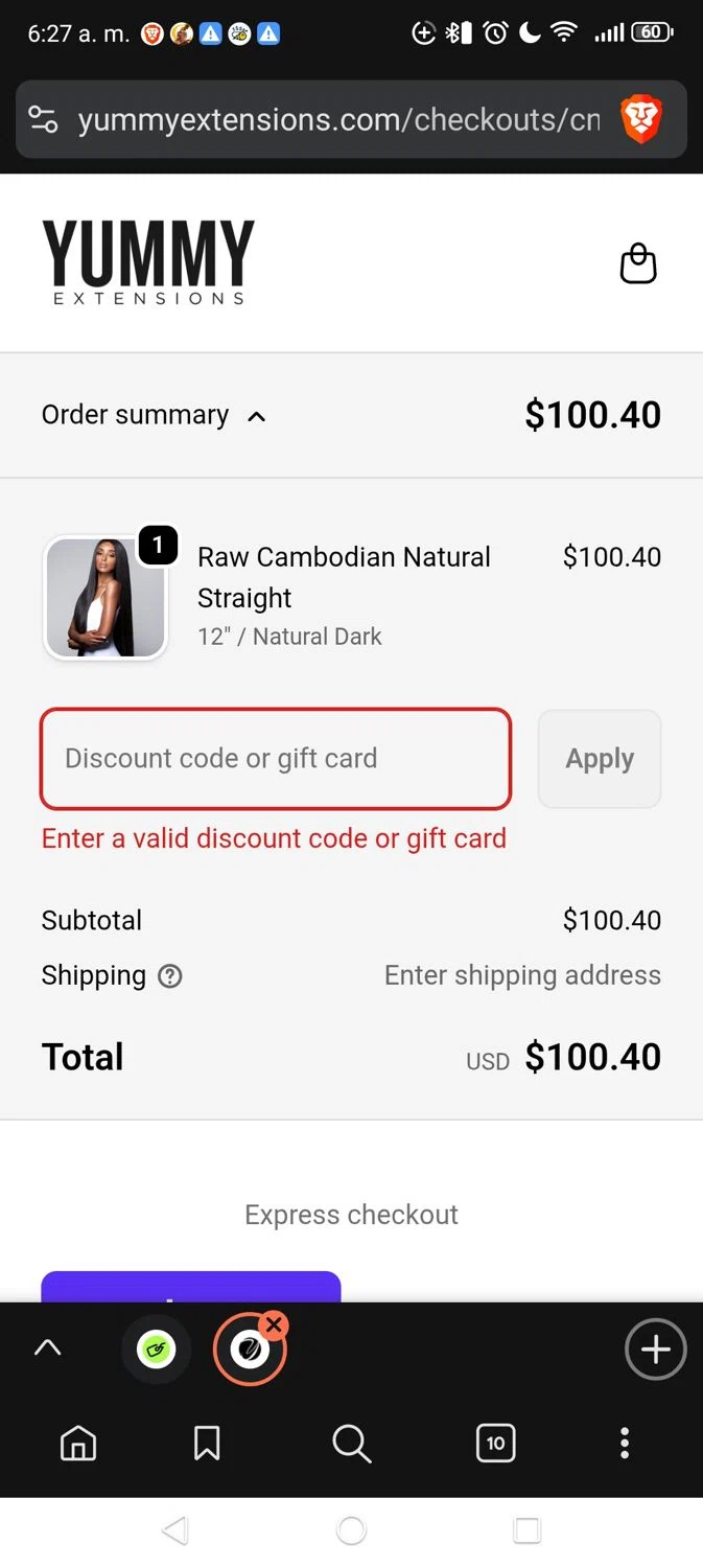 Yummy Hair Extensions discount code screenshot showing code SALE applied at Yummy Hair Extensions checkout page. Uploaded by SimplyCodes community member Vivachavez on Dec 27, 2025